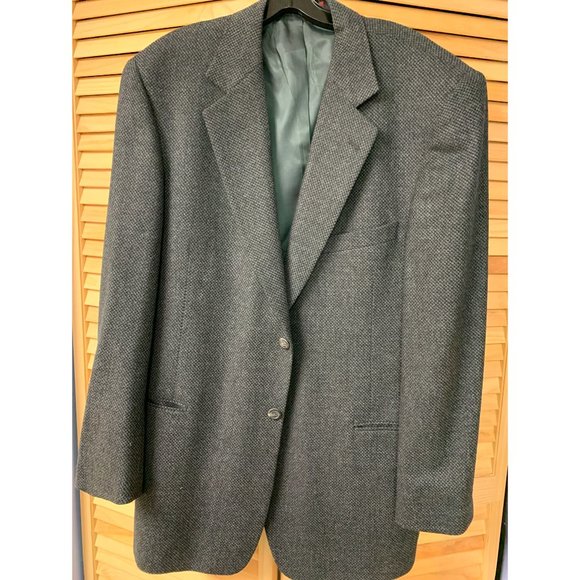 MEN'S WOOL SUIT JACKET BLAZER 44L BLACK AND GRAY TWEED